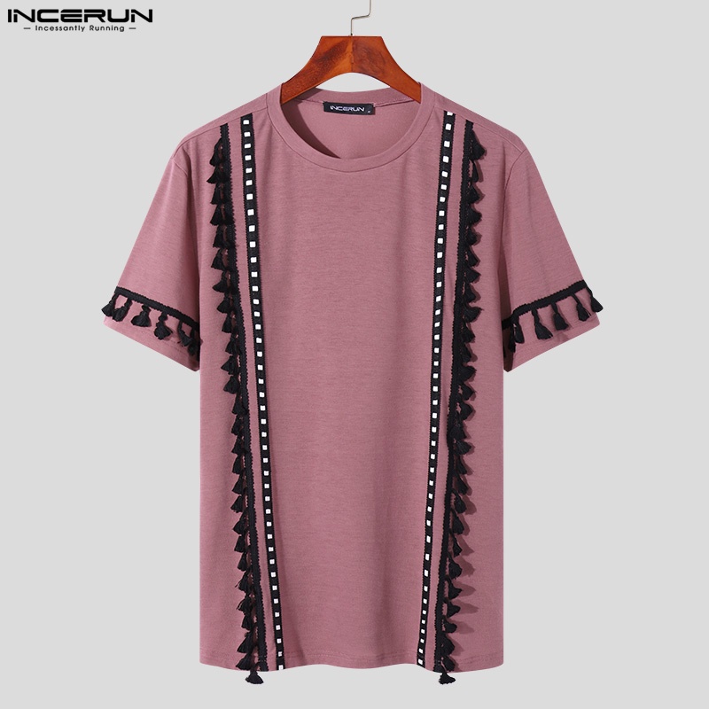 Áo thun INCERUN tay ngắn cổ tròn phối tua rua kiểu thổ cẩm thời trang dành cho nam