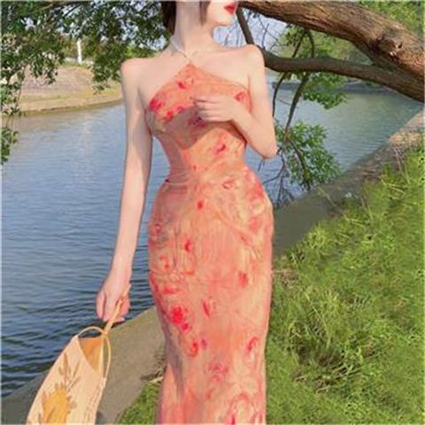 Jiashucheng Đầm Sườn Xám Cách Tân Mỏng Họa Tiết Tranh Sơn Dầu Mẫu Mới 2023