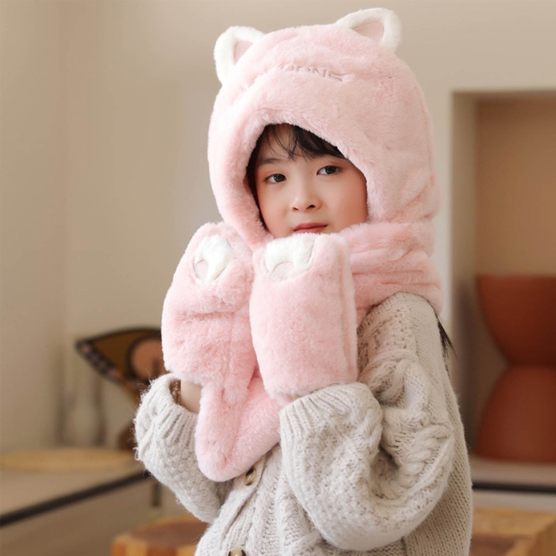Set Mũ beanie Kèm Khăn Choàng Cổ Giả Cashmere Giữ Ấm Tai Họa Tiết Hoạt Hình Dễ Thương Cho Bé