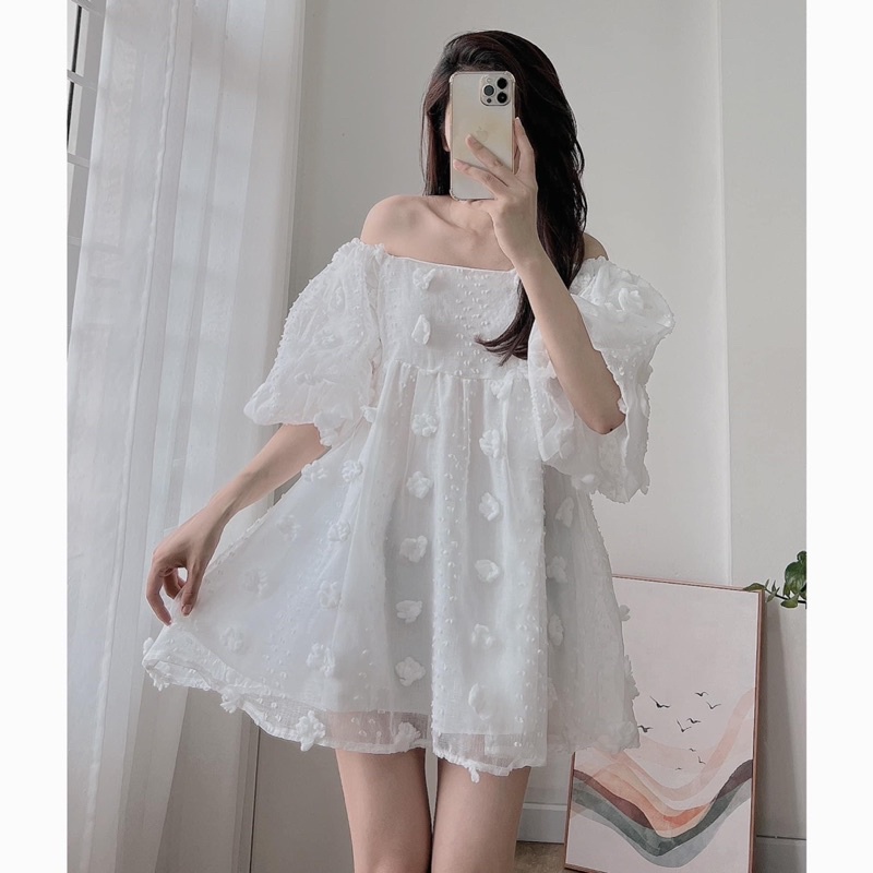 Áo babydoll trễ vai mặc 2 kiểu CỤC BÔNG tay bồng