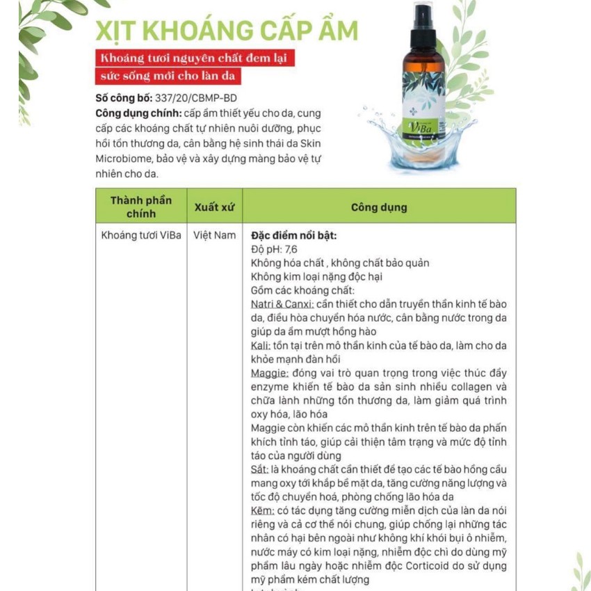 ( Chăm sóc cấp ẩm da) Xịt khoáng tươi Viba cấp ẩm, kiềm dầu, se khít lỗ chân lông, chống lão hoá | BigBuy360 - bigbuy360.vn