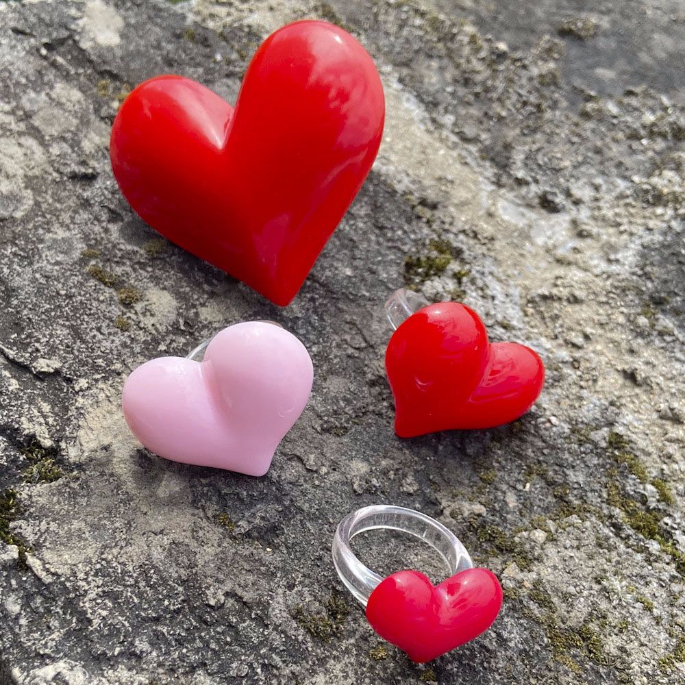 FORBETTER Women Girls Resin Rings Korean Fashion Jewelry Finger Ring Red Pink Chunky Heart Shaped Exaggerated Cute Lovely Sweet Thumb Ring