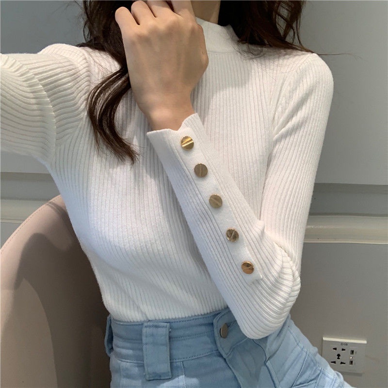 Áo sweater dệt kim tay dài co giãn phong cách Hàn Quốc nhiều màu tùy chọn cho nữ