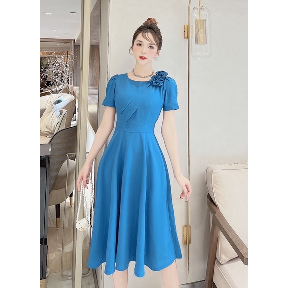 Đầm/váy công sở dáng xoè nơ đôi trái hoa mẫu đơn màu xanh dương sáng