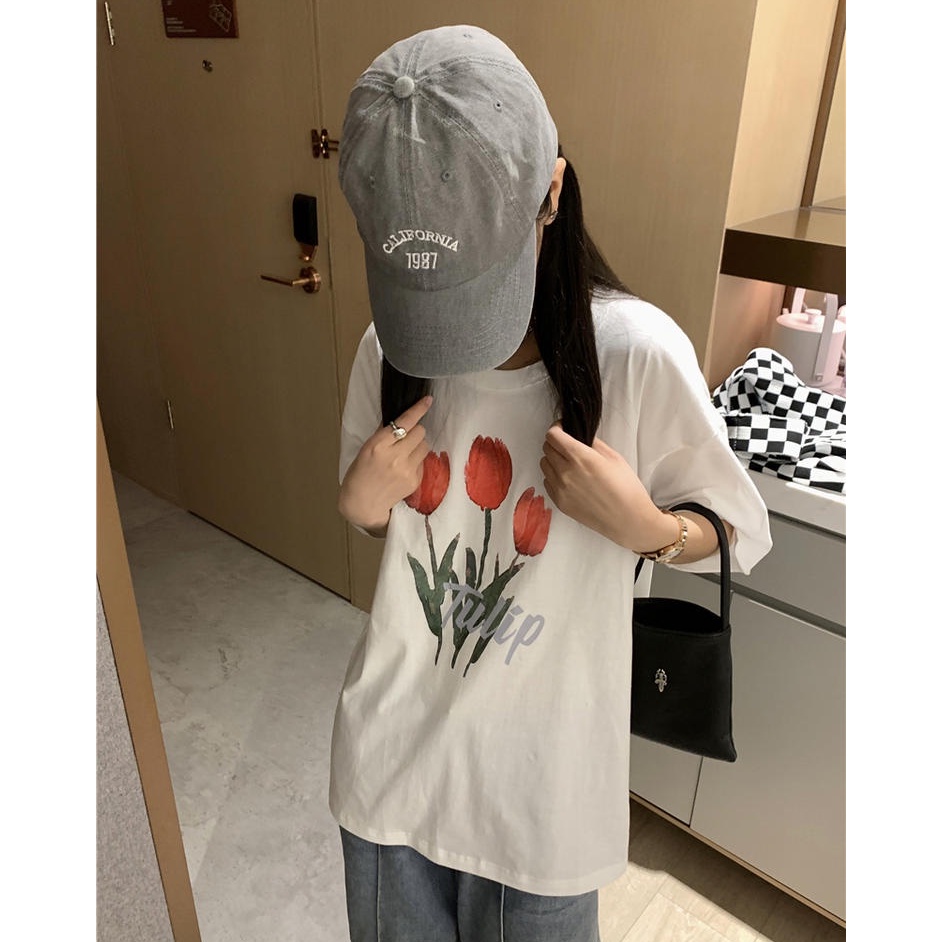 Áo thun Peppermint 50157 cổ tròn in hình hoa tulip thời trang cho nữ