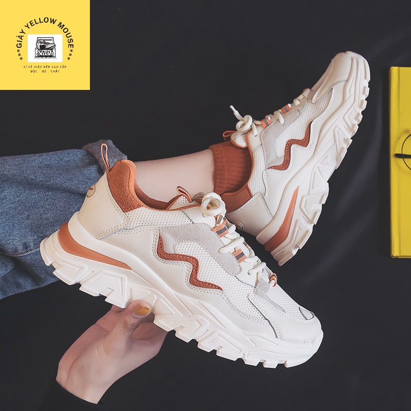 Giày thể thao sneaker nữ ULZZANG đế độn 5cm chất da lộn phối vải thoáng khí màu xanh/cam
