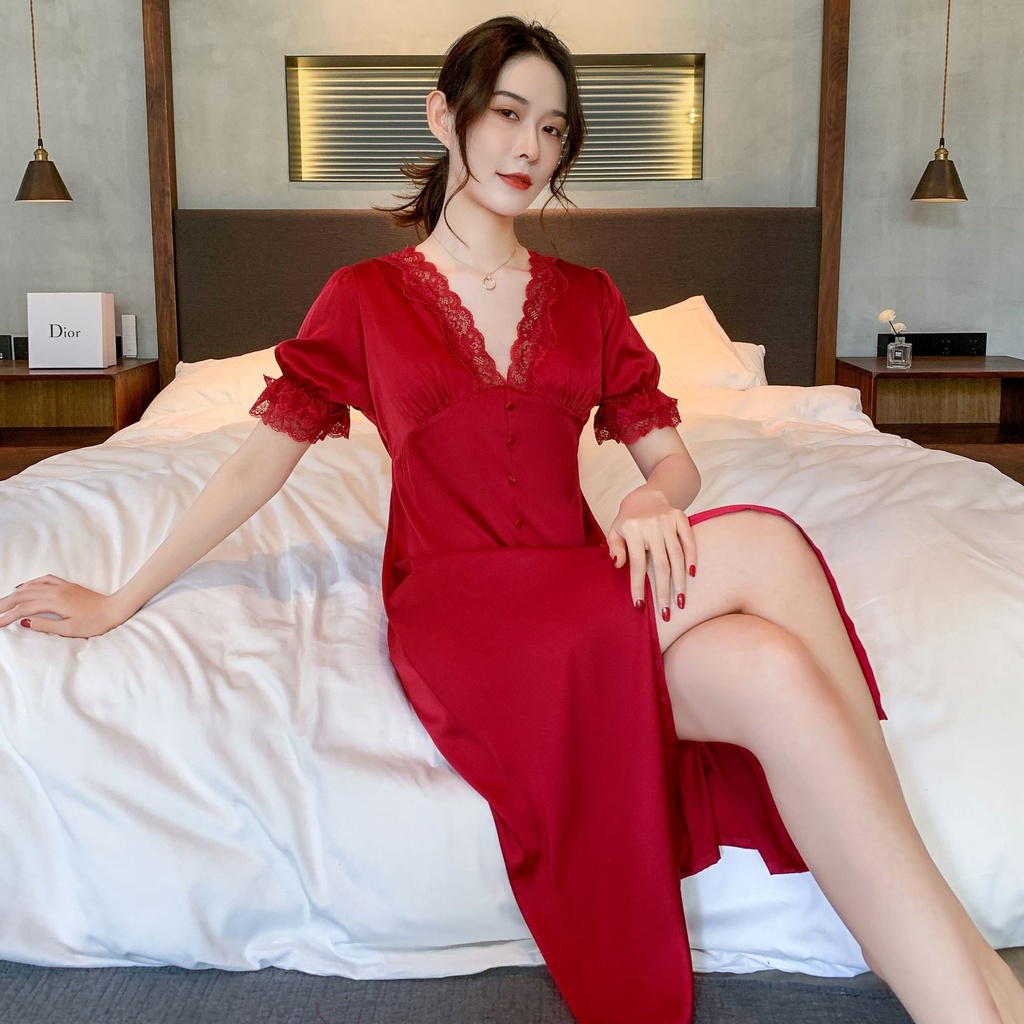 Đầm Ngủ Dáng Dài Vải Lụa Satin Phối Ren Thời Trang Xuân Hè Quyến Rũ Cho Nữ