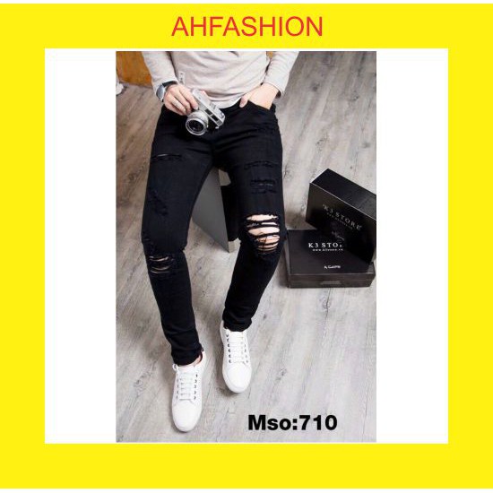 Quần jean nam đen chất bò rách gối cao cấp co giãn 2 màu giá rẻ mẫu mới nhất AHFASHION