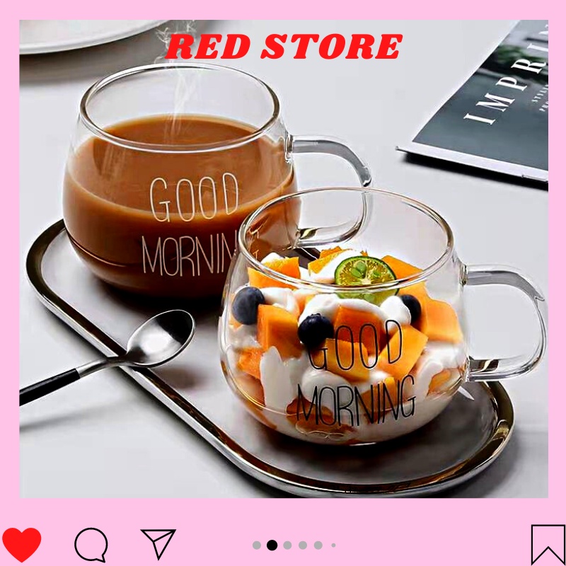 Ly thủy tinh GOODMORNING 350ml cute dễ thương, siêu chịu nhiệt, cốc thủy tinh uống nước, cafe | RED STORE .