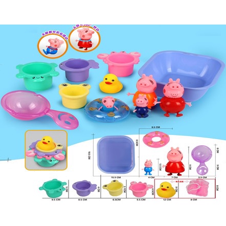 Đồ chơi nhà tắm 4 nhân vật gia đình heo Peppa đáng yêu, 1 con vịt và 7 dụng cụ chậu ca múc nước - shop Hoài Lê Sài Gòn