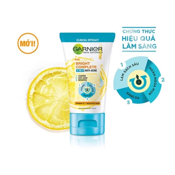 Sữa Rửa Mặt 3 Trong 1 Giảm Mụn, Dưỡng Sáng Da Garnier Bright Complete 3 in 1 Foam Anti-Acne