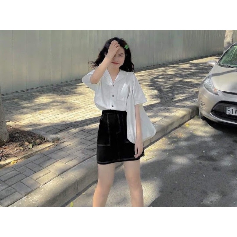 Set váy bò và sơ mi trắng phong cách hàn quốc