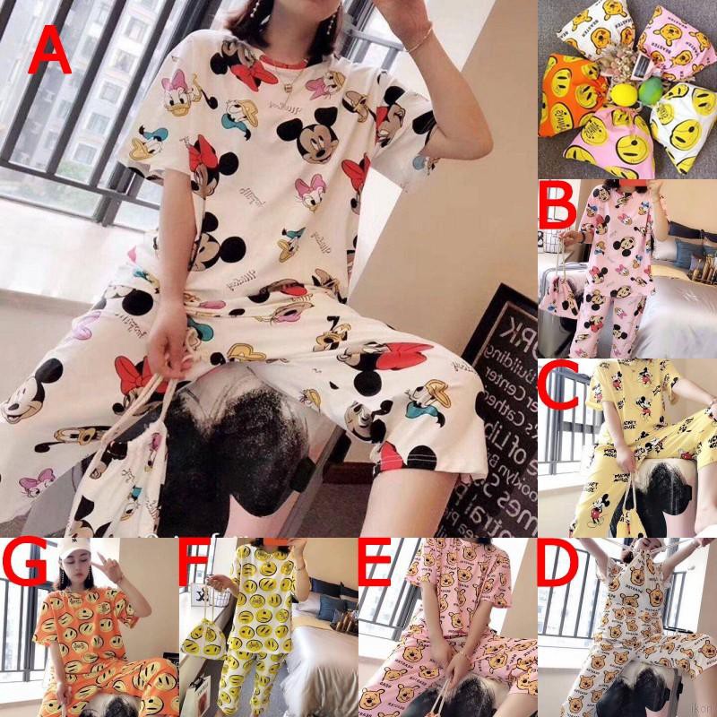 Bộ trang phục 3 mảnh họa tiết hoạt hình dáng rộng chất liệu lụa sữa mặc ở nhà