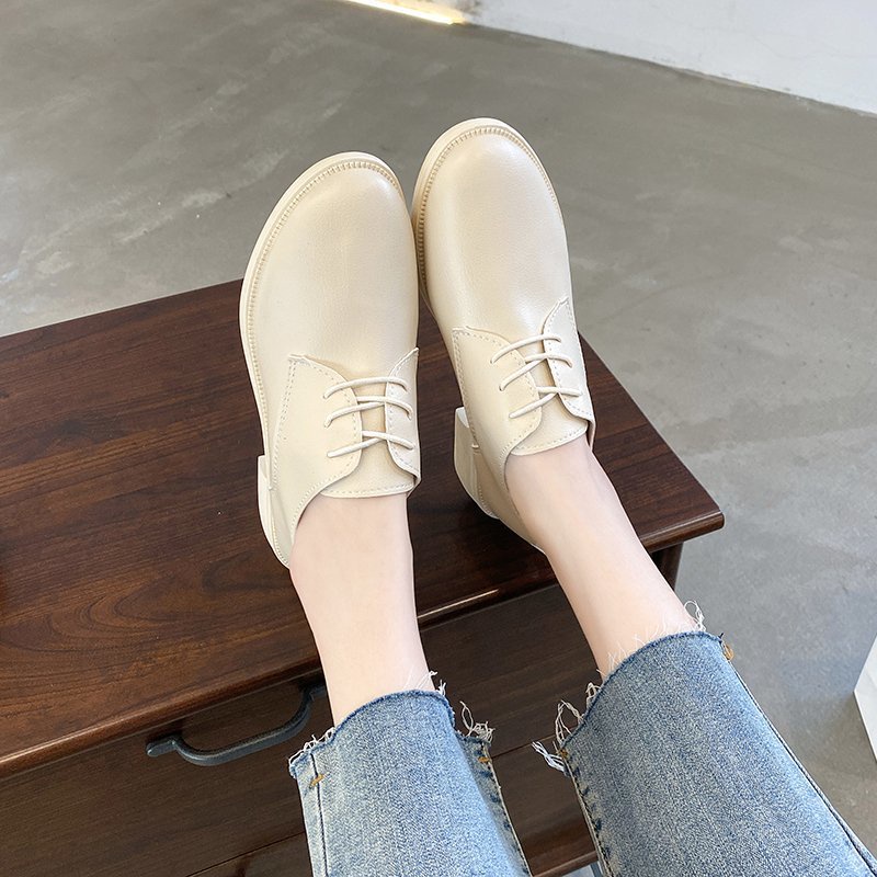 Giày oxford da bóng mũi tròn thắt dây phong cách retro cho nữ