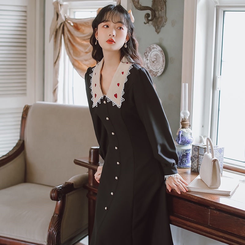 Đầm cổ búp bê nữ phong cách Retro Pháp thanh lịch hợp mùa xuân thu