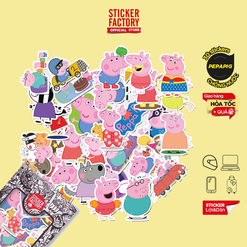 Hộp set 30 sticker decal hình dán nón bảo hiểm , laptop, xe máy, ô tô STICKER FACTORY - Peppa Pig