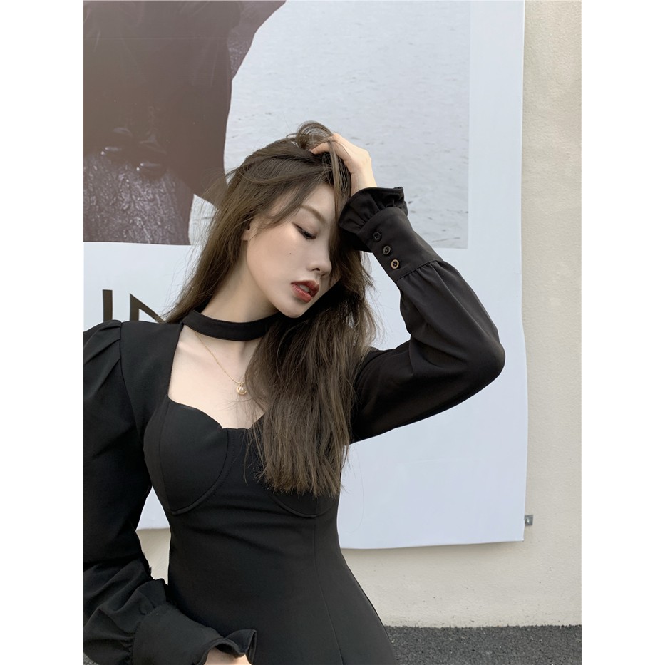 (Sẵn M/L)Váy retro thu đông dài tay cổ choker (Ảnh thật)