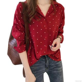 Áo sơ mi Chiffon chấm bi tay dài cho nữ