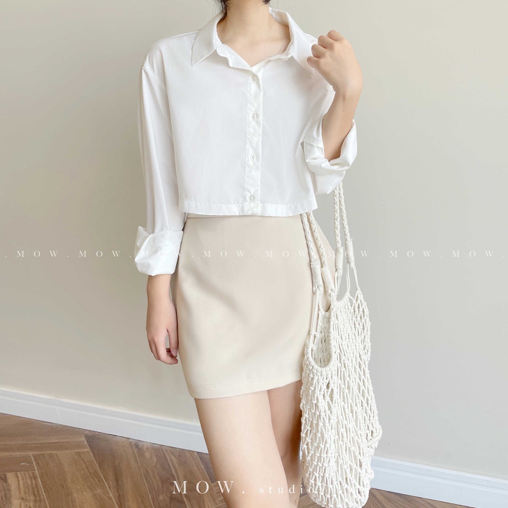Áo sơ mi croptop chất liệu thô pha lụa nhập Hàn ( Basic cropshirt ) made by Mow studio