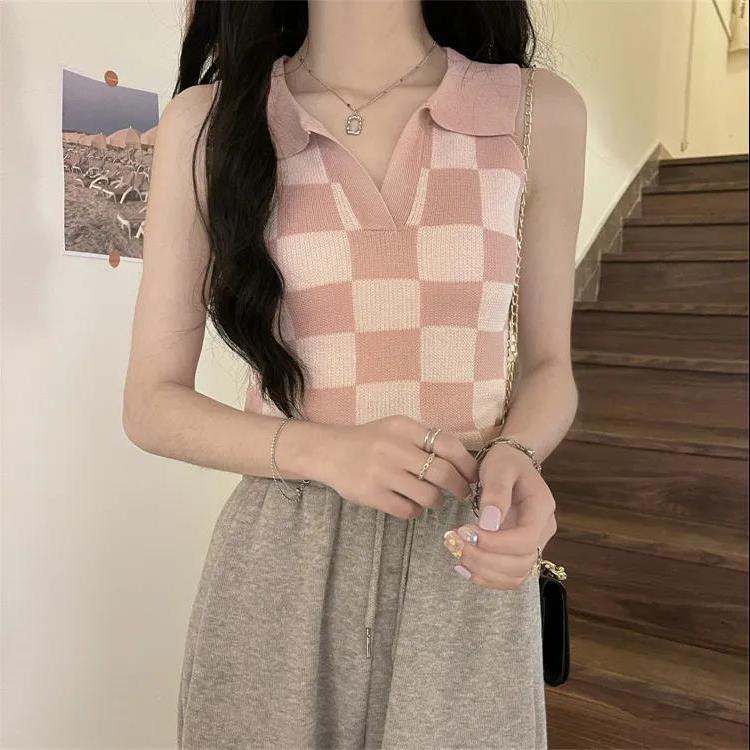 Áo Sơ Mi Ngắn Cổ Polo Họa Tiết Kẻ Ô Trắng Đen Thời Trang Mùa Hè Dành Cho Nữ