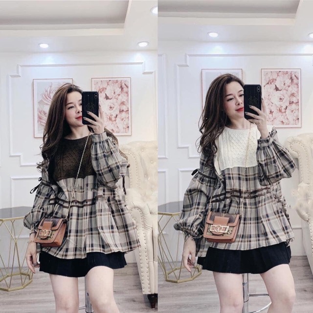 Áo babydoll kẻ nâu pha len trào lưu hot 2020