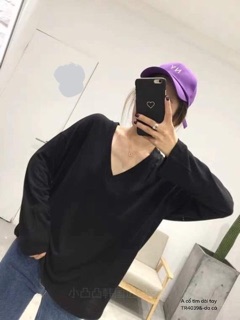 Áo thun trơn cổ tim dài tay -TR
