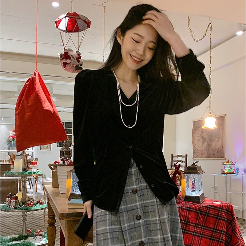 SUXI Áo Sơ Mi Tay Dài Cổ Chữ V Màu Sắc Thanh Lịch