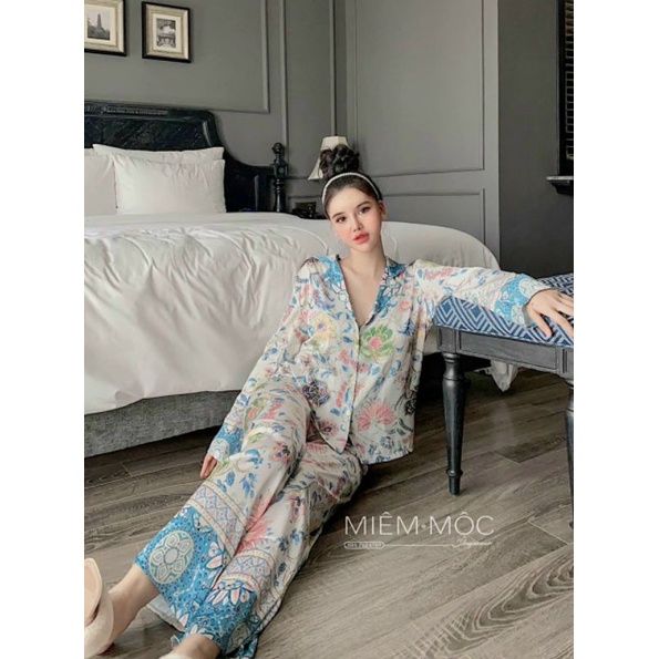 pijama lụa satin cao cấp QC hoa xanh