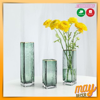 Lọ hoa thủy tinh vân sần bình hoa vuông viền vàng sang trọng phong cách bắc âu | may decor