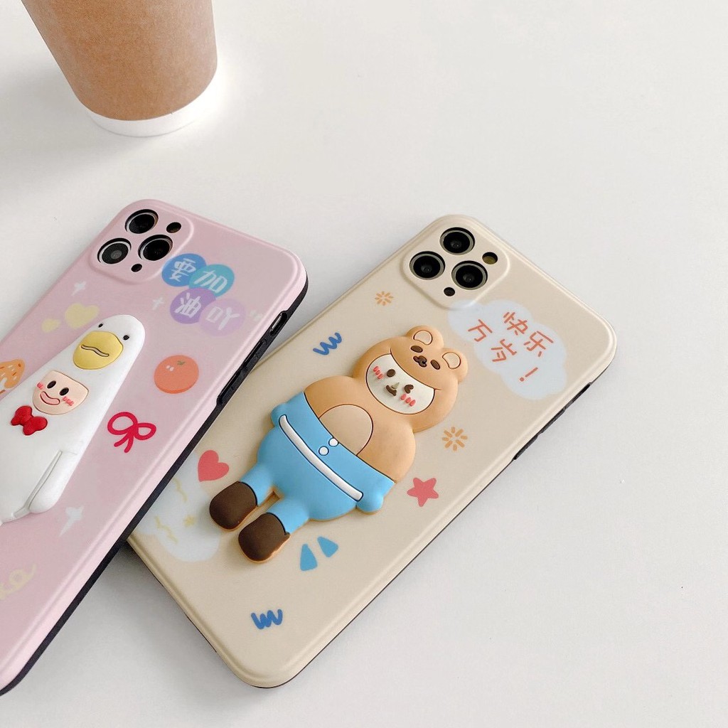 iPhone case Ốp lưng iPhone Hoạt hình Vỏ mềm Cute duck TPU Bảo vệ ống kính hoạt hình Bốn mặt có kết cấu gợn sóng 3D dày cho iPhone 11 Pro Xs MAX XR I8 I7