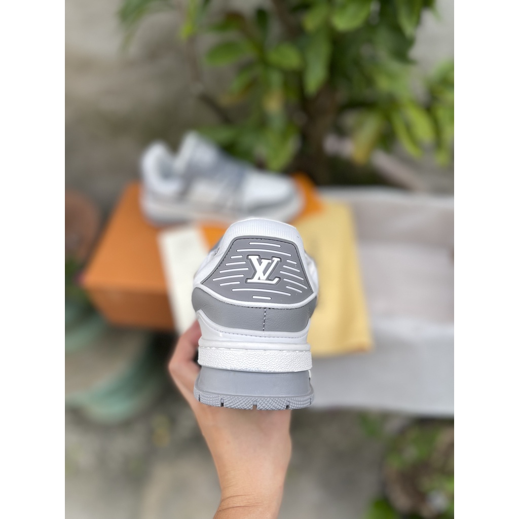 Giày sneaker nam nữ lv trainer xám fullbox, Giày thể thao nam nữ lv xám trắng bản trung đi cưc êm