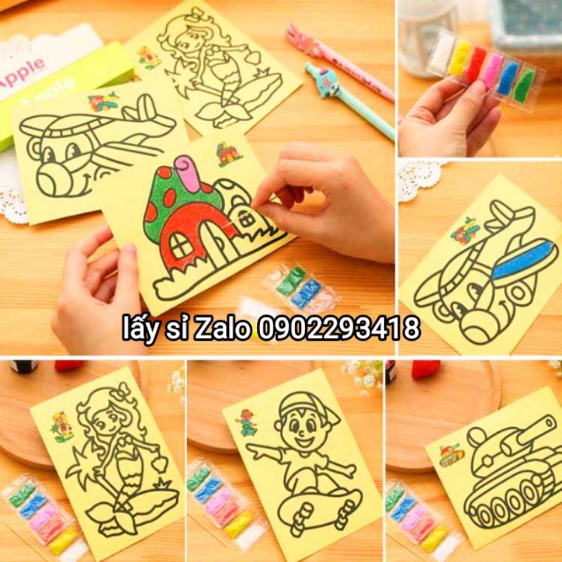{ SALE SỐC} Vỉ 20 Tờ Tranh Tô Màu Cát Nhiều Mẫu Cho Bé Thoả Sức Vui Chơi