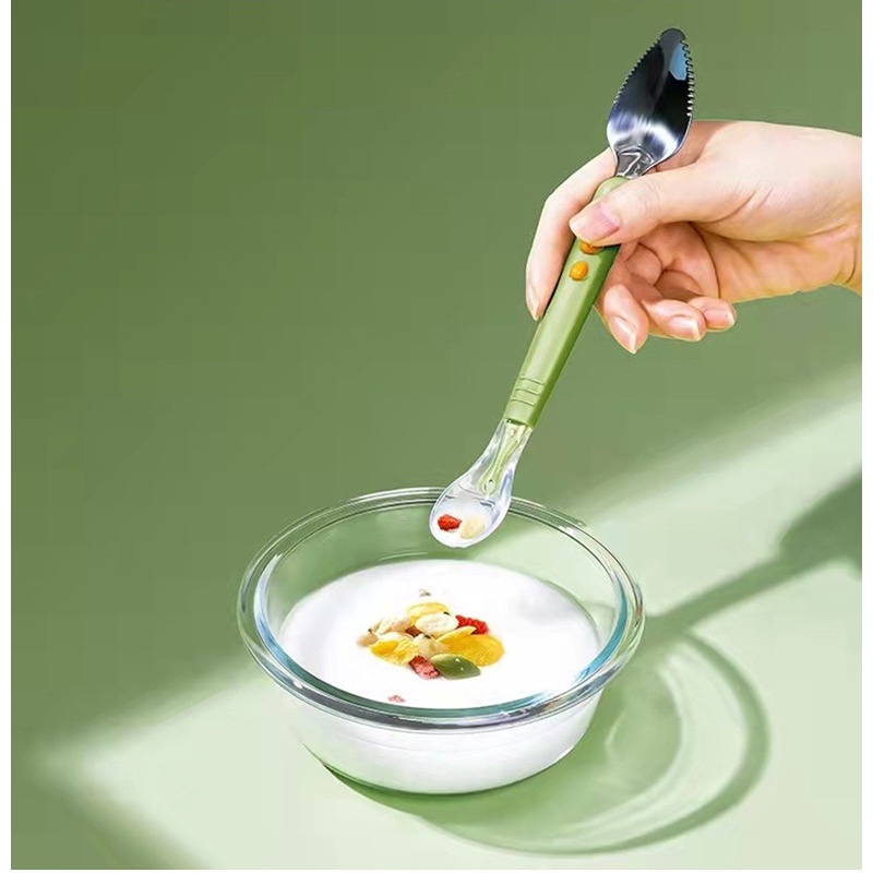 Thìa Muỗng Nạo Hoa Quả 2 Đầu Tiện Lợi Kết Hợp Thìa Ăn Dặm Silicon Cho Bé hanghieuchobe (Tặng kèm hộp đựng)