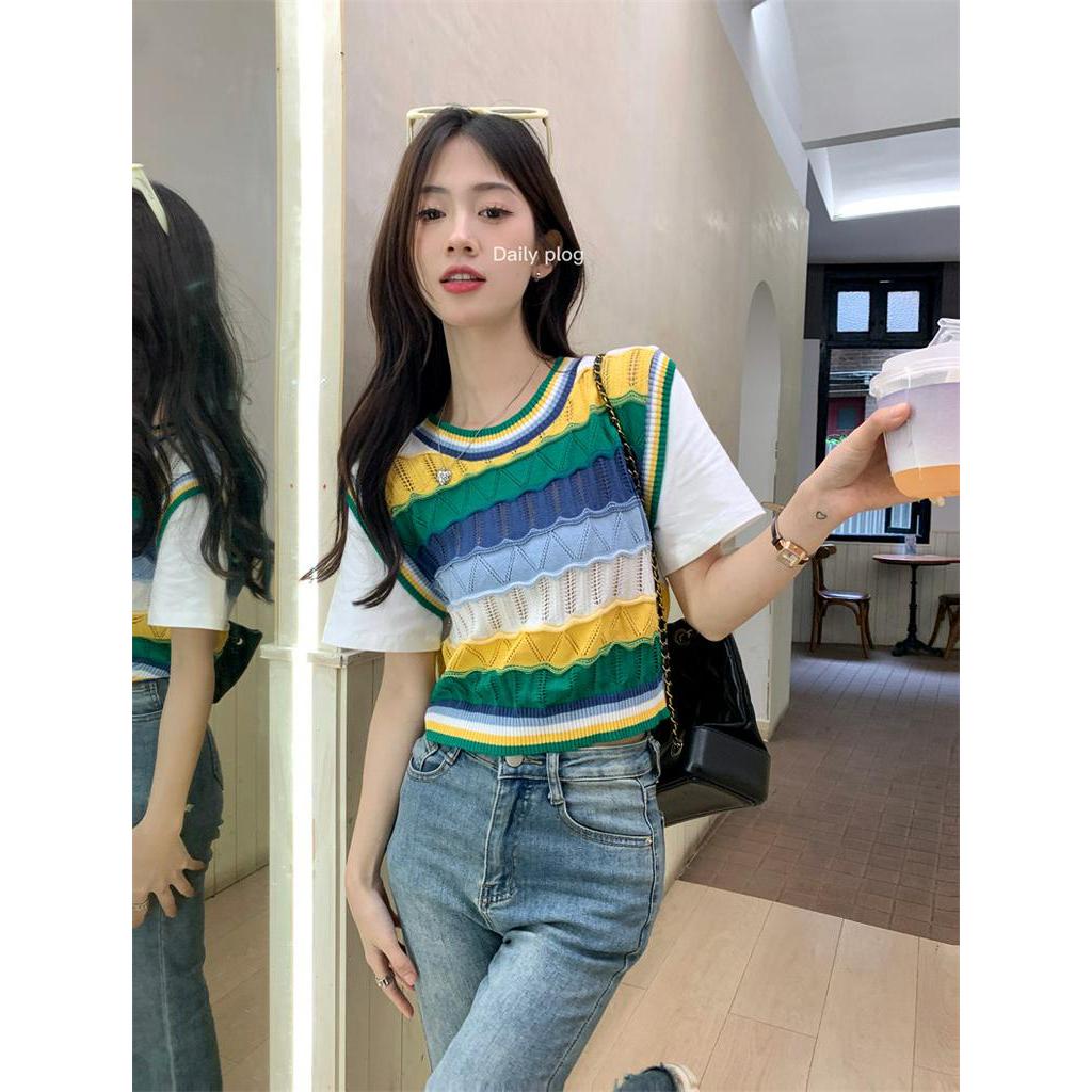 Áo Thun Ba Lỗ Vải Dệt Kim Kẻ Sọc Dáng Ngắn Thời Trang Cá Tính 63369