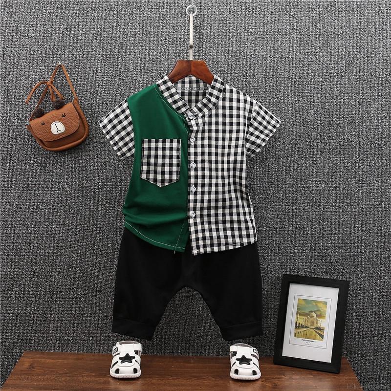 Bộ áo ngắn tay kẻ ca rô + quần short cho bé