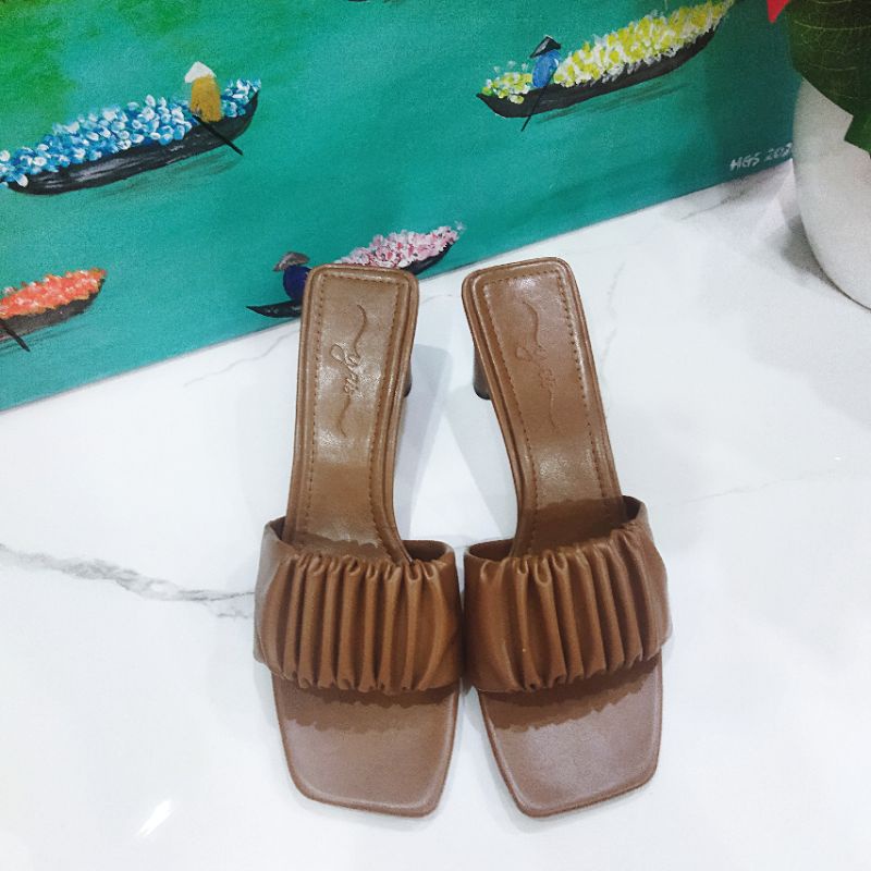 Dép Guốc Nữ Quai Nhún Đế Trụ Cao 6 Phân, Kiểu Dễ Thương Da Mềm Mang Êm Chân