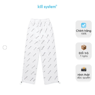 Quần thun dáng suông ống rộng màu trắng Kill System chữ xéo, vải chân cua oversize phong cách unisex