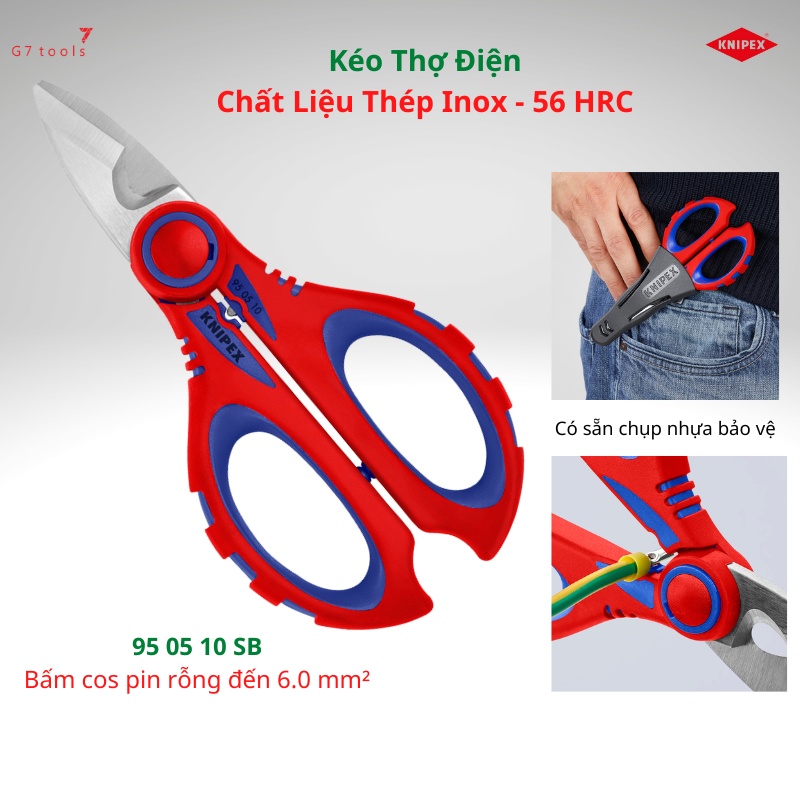 Kéo Thợ Điện Cắt Dây và Bấm Cos Knipex 95 05 10 SB