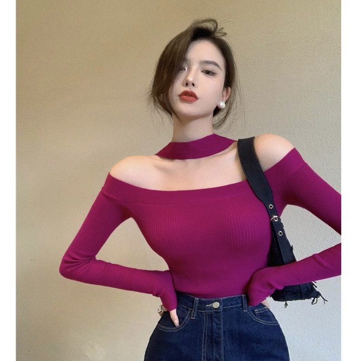 QKOOLE  Áo thun tay dài hở vai dáng ôm phong cách Hàn Quốc thời trang dành cho nữ