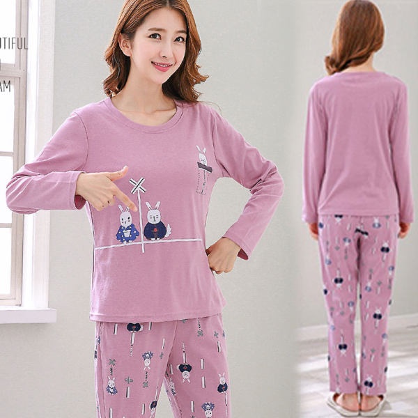 Đầm Ngủ Tay Dài Cổ Tròn In Họa Tiết Hoạt Hình Nhẹ Nhàng Dành Cho Nữ