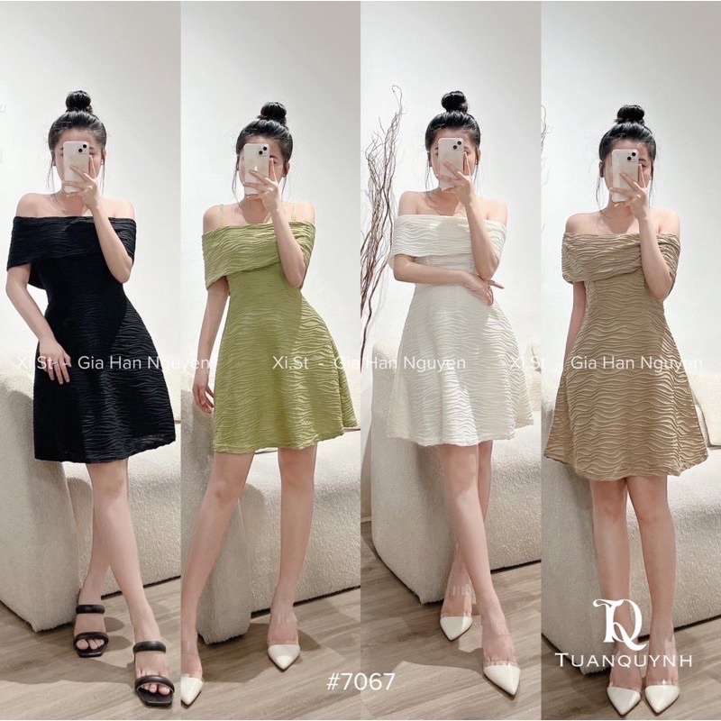 Váy trễ vai sóng nhăn , Đầm bệt vai dáng A siêu hot