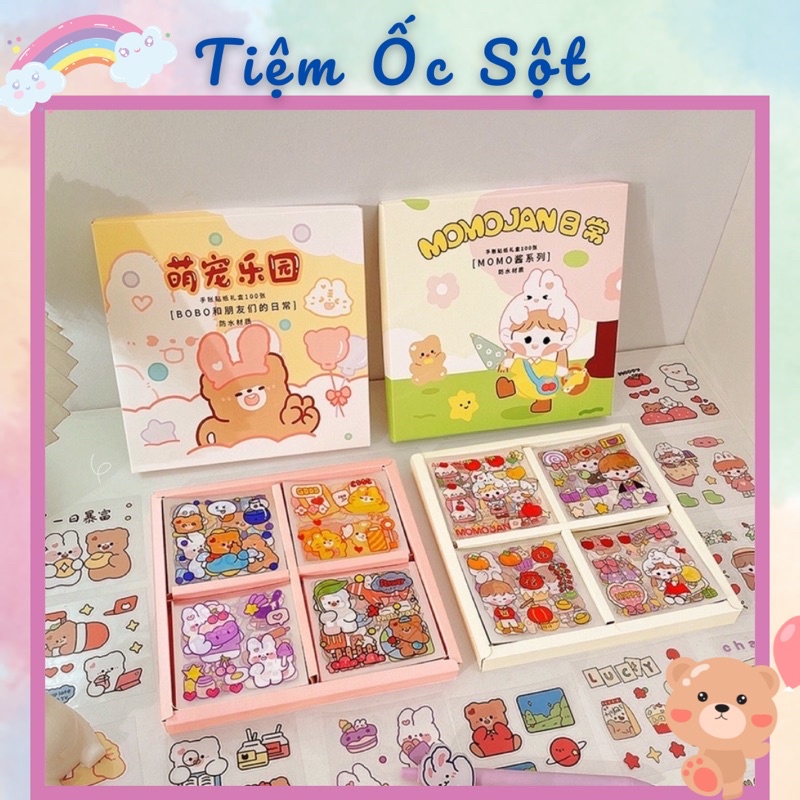 Set chiết 10 tấm của hộp 100 tấm sticker xinh xắn hoạ tiết chibi, 1 Set ngẫu nhiên đủ màu được chọn mẫu