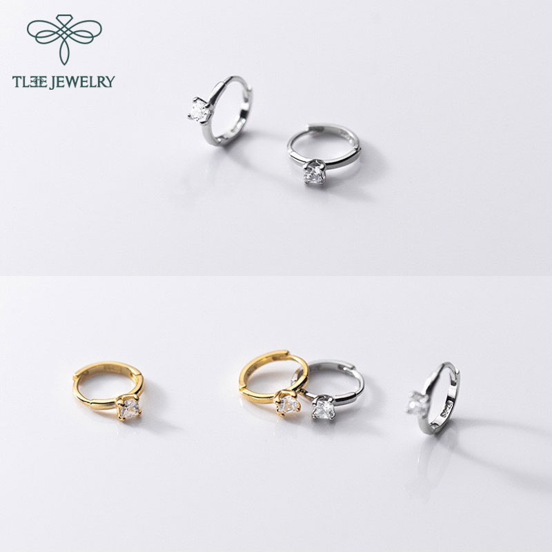 Khuyên tai bạc nữ TLEE tròn chốt bấm mặt nụ đá trendy dáng đeo sát tai TleeJewelry B0232