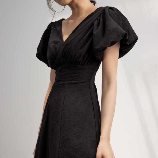Đầm tay phồng nhún ngực chất linen thời trang- 2 màu Trắng, Đen