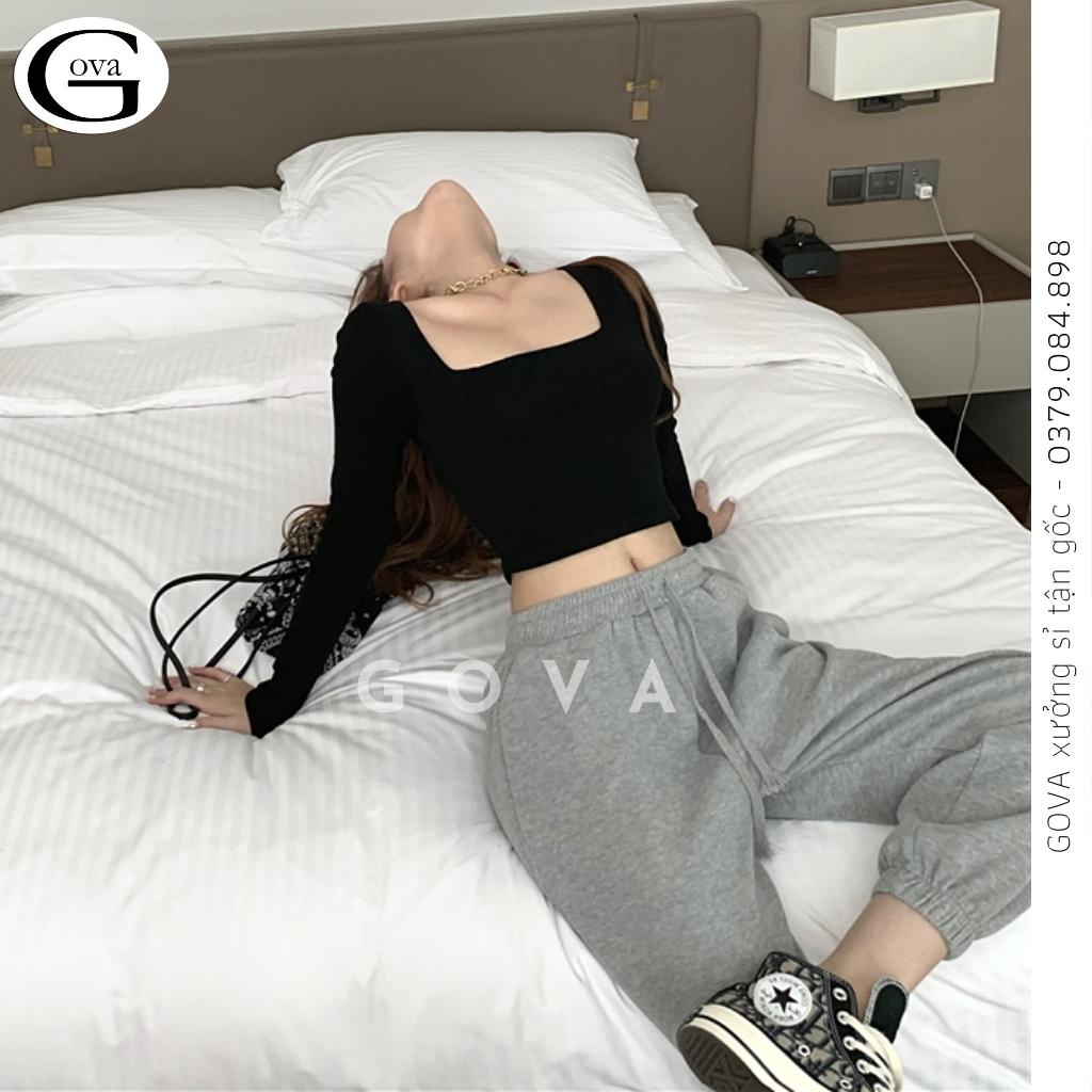 Áo Cổ Vuông Tay Dài Croptop, Áo Kiểu Vải Thun Cotton Cao Cấp Mịn, Co Giản Tốt DB60