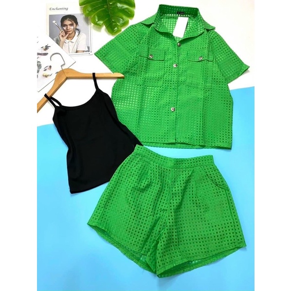Sét bộ lưới nữ sơ mi tay ngắn kèm áo dây lót màu sắc trẻ trung GKM