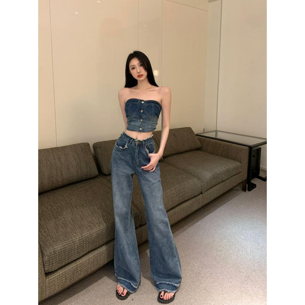 Cocory vn Bộ Áo Ngực Denim / Quần Jeans Tua Rua Thẳng Ống Rộng Lưng Cao Thời Trang Mùa Hè Quyến Rũ Cho Nữ