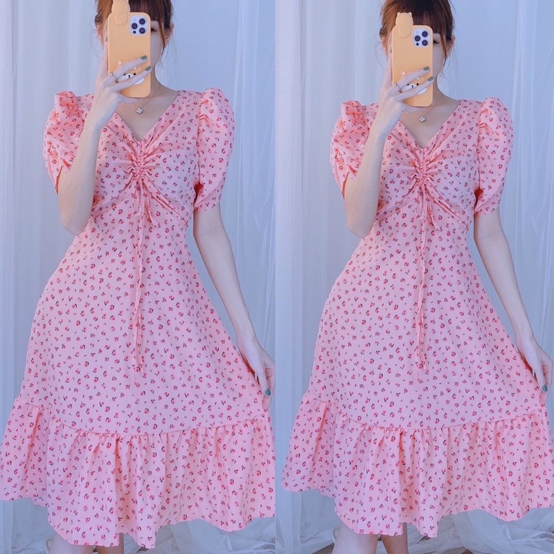 Đầm hoa nhí dây rút tay phồng