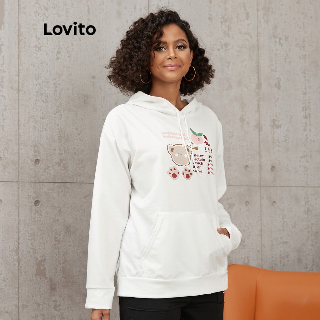 Áo sweatshirt Lovito có túi dây rút dệt kim sọc gân in định vị thường ngày L17X106 (Màu trắng)