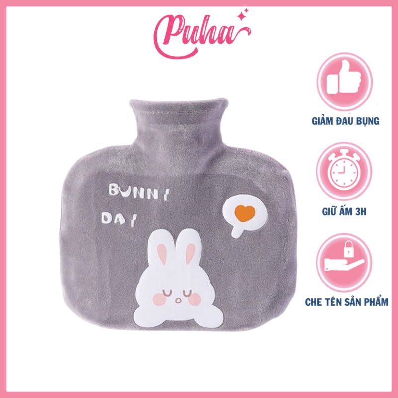 Túi chườm nóng lạnh PUHA 500ml, túi chườm ấm nóng giảm đau bụng kinh cho nữ, Thỏ Bunny Grey